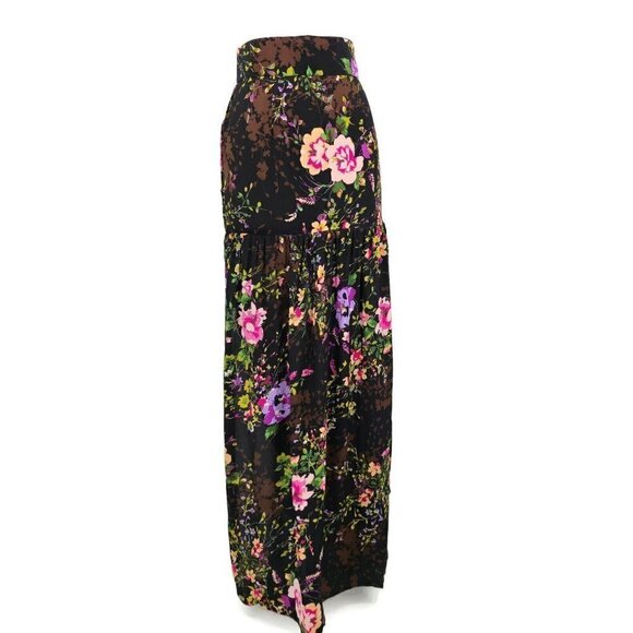 New Flynn Skye Maxi Skirt Womens XS Black Pink Floral Print Two Slits - Picture 1 of 7